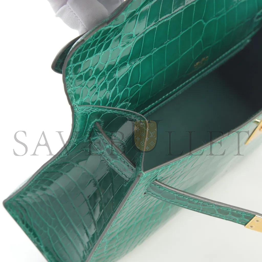 HERMÈS MASTER KELLY POCHETTE VERT EMERAUDE CROCODILE LEATHER GOLD BUCKLE (22*14*7cm)